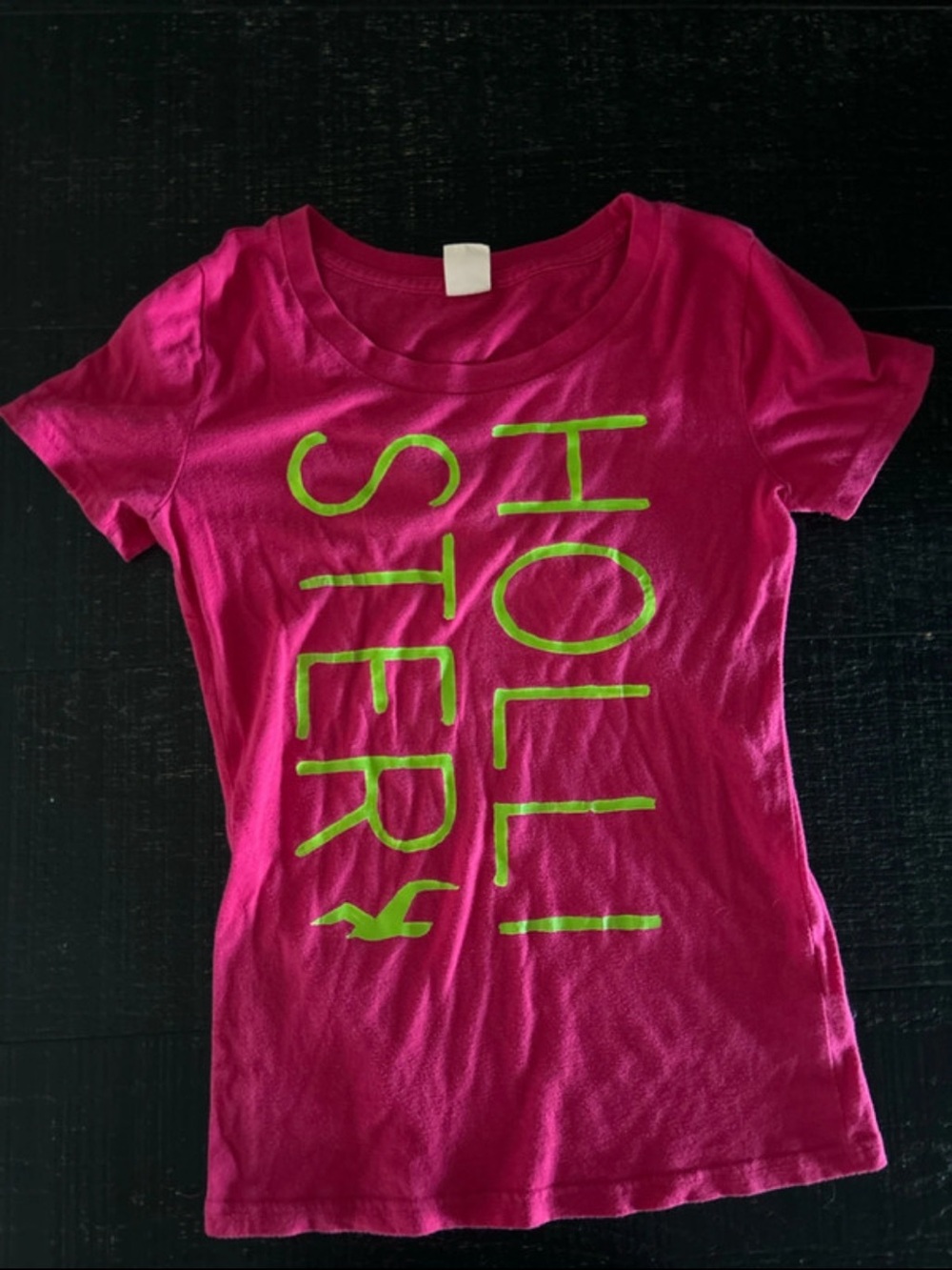Hollister Hot Pink Tee with Neon Green Vertical Logo
